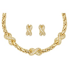 Christian Dior Vintage Kuss Kreuz X Kristalle Link Omega gewebte Kette Charm Set