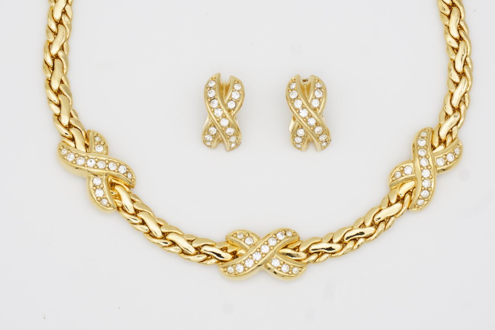Christian Dior Vintage Kiss Cross X Link Crystals Set Omega Necklace Earrings For Sale 6