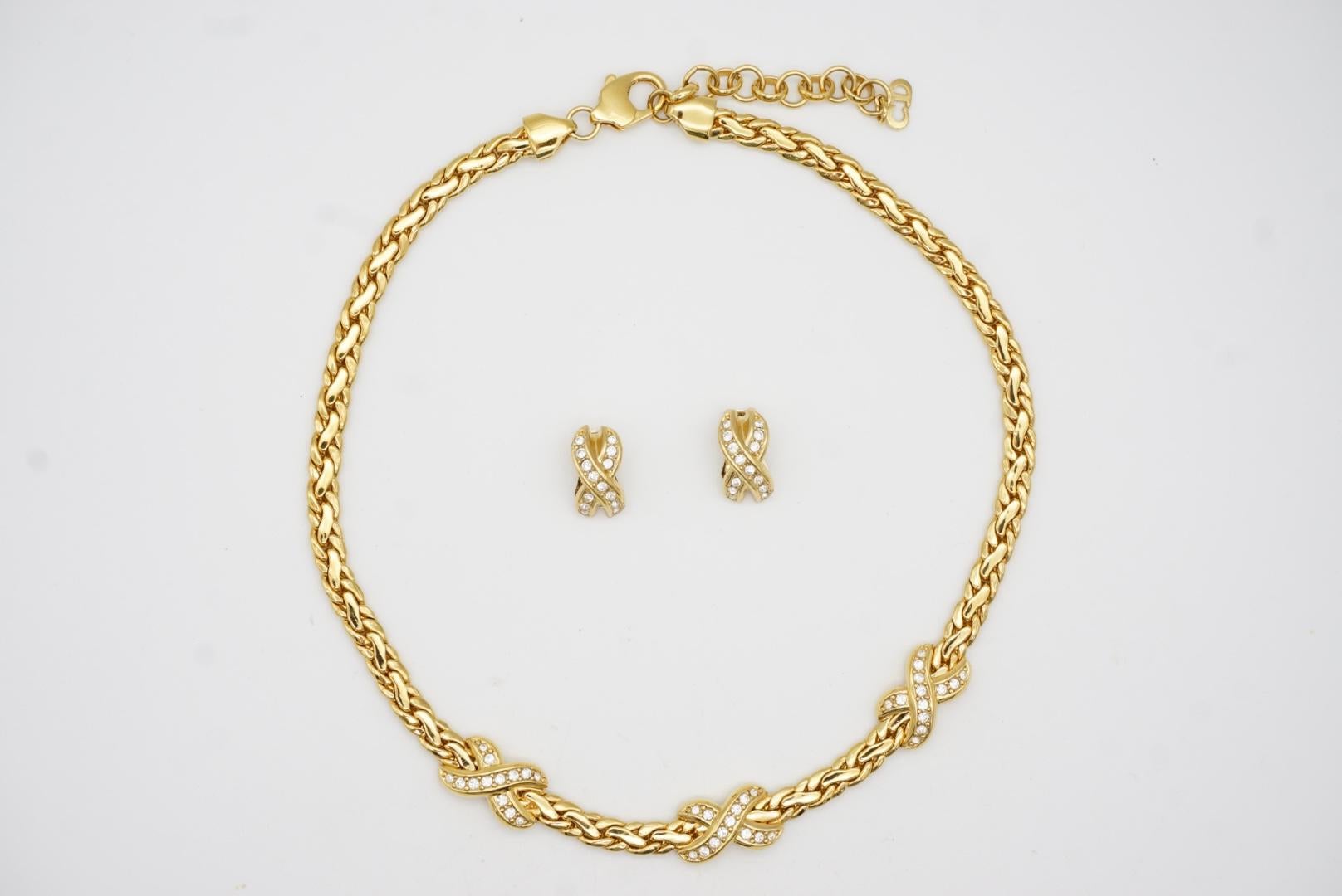 Christian Dior Vintage Kiss Cross X Link Crystals Set Omega Necklace Earrings For Sale 7