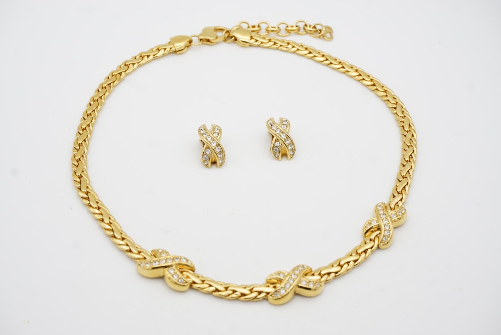 Christian Dior Vintage Kiss Cross X Link Crystals Set Omega Necklace Earrings For Sale 8