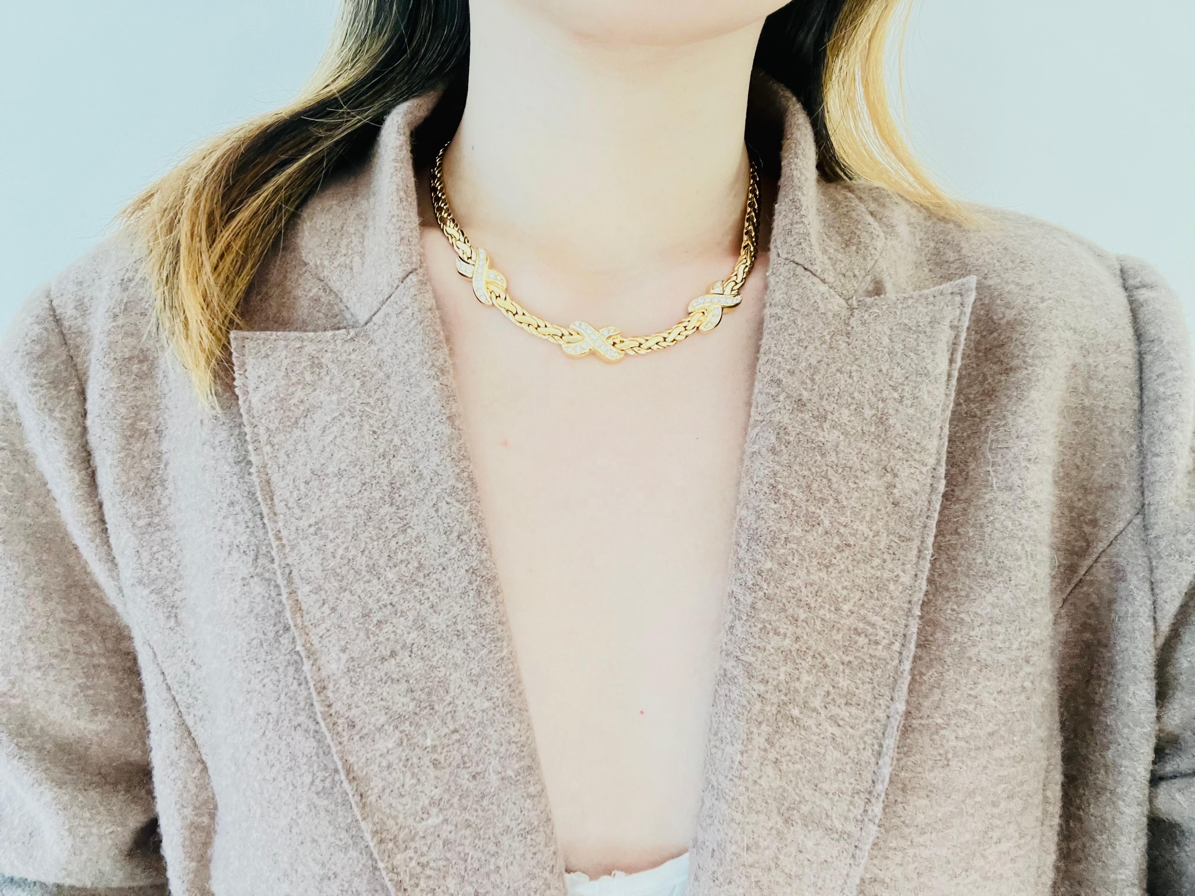 Christian Dior Vintage Kiss Cross X Link Crystals Set Omega Necklace Earrings For Sale 3