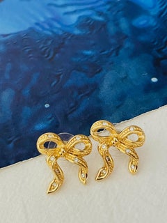 Christian Dior Vintage Knot Bow Butterfly Ribbon Crystals Gold Pierced Earrings