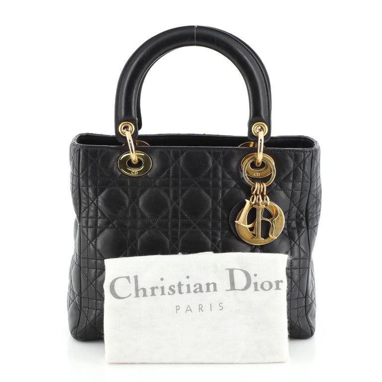 CHRISTIAN DIOR Vintage Lady DIOR 42 cm Bag Black Quilted Canvas Gold Charms  1980s - Chelsea Vintage Couture