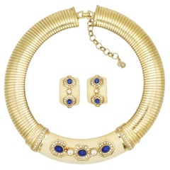 Christian Dior Vintage Lapis Gold Blue Navy Crystals Wide Omega Chunky 2 Set