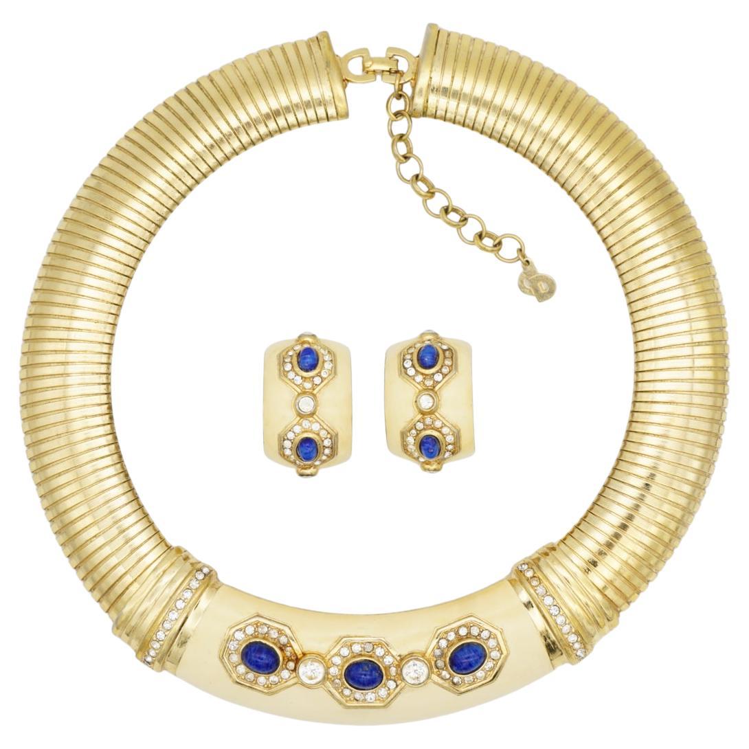 Christian Dior Vintage Lapis Gold Blue Navy Crystals Wide Omega Chunky 2 Set