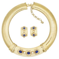 Christian Dior Vintage Lapis Gold Blue Navy Crystals Wide Omega Chunky 2 Set