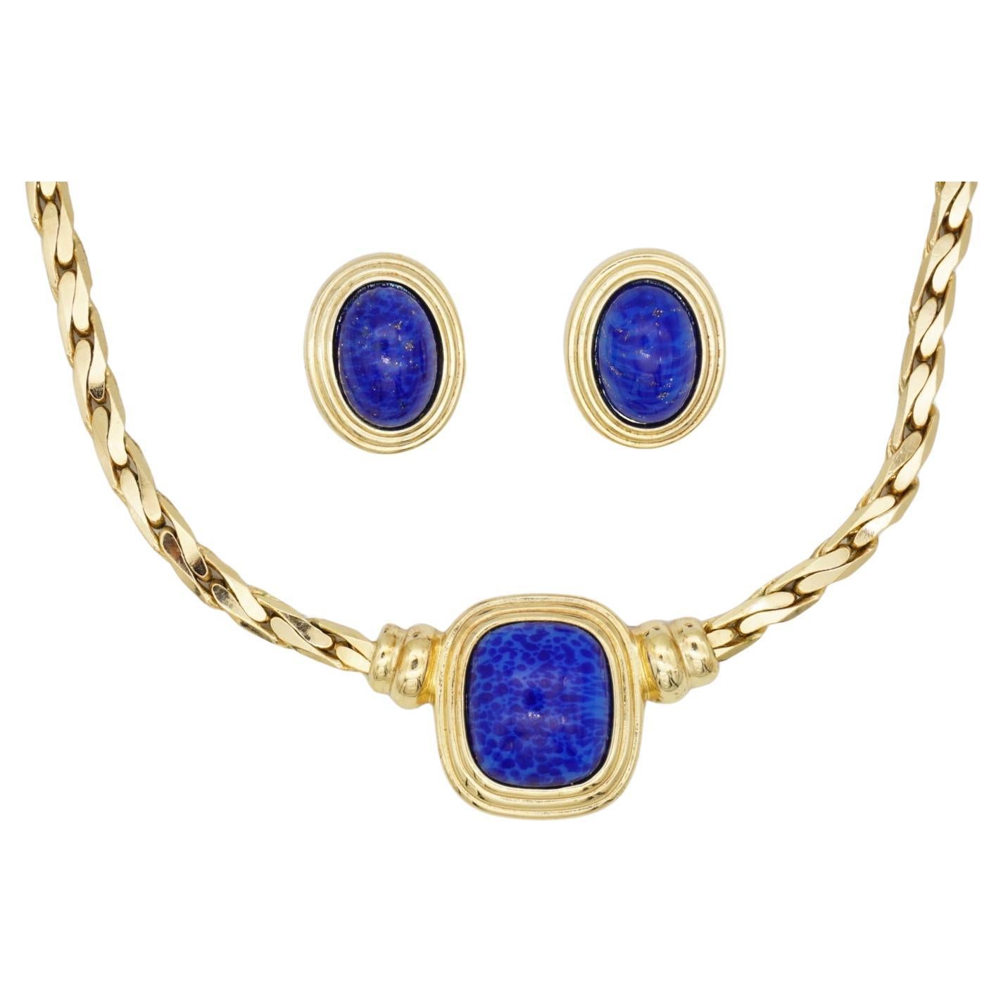Christian Dior Vintage Lapis Navy Blue Rectangle Oval Cabochon Stone Gold 2 Set For Sale