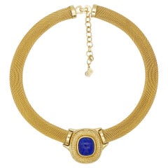 Christian Dior Vintage Lapis Navy Cabochon Pendant Chunky Mesh Woven Necklace