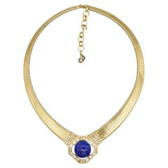 Christian Dior Vintage Lapis Navy Foil Cabochon Octagon Crystals Omega Necklace