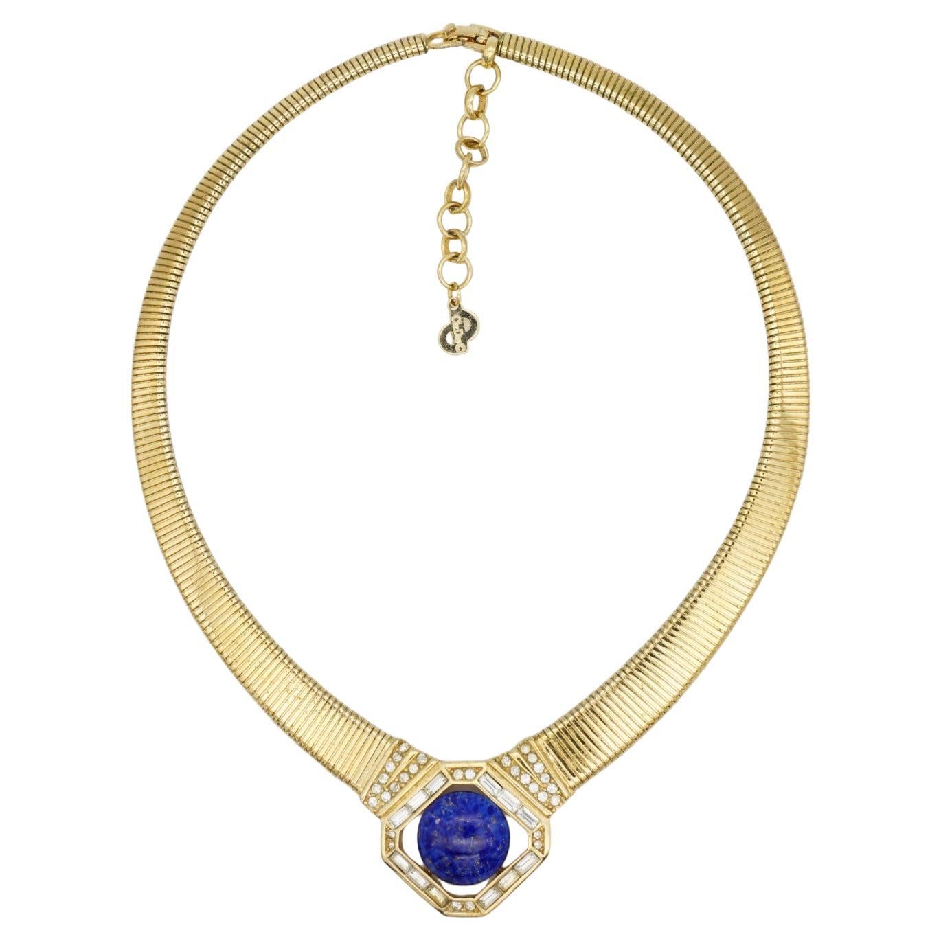 Christian Dior Vintage Lapis Navy Folie Cabochon Oktagon Kristalle Omega Halskette