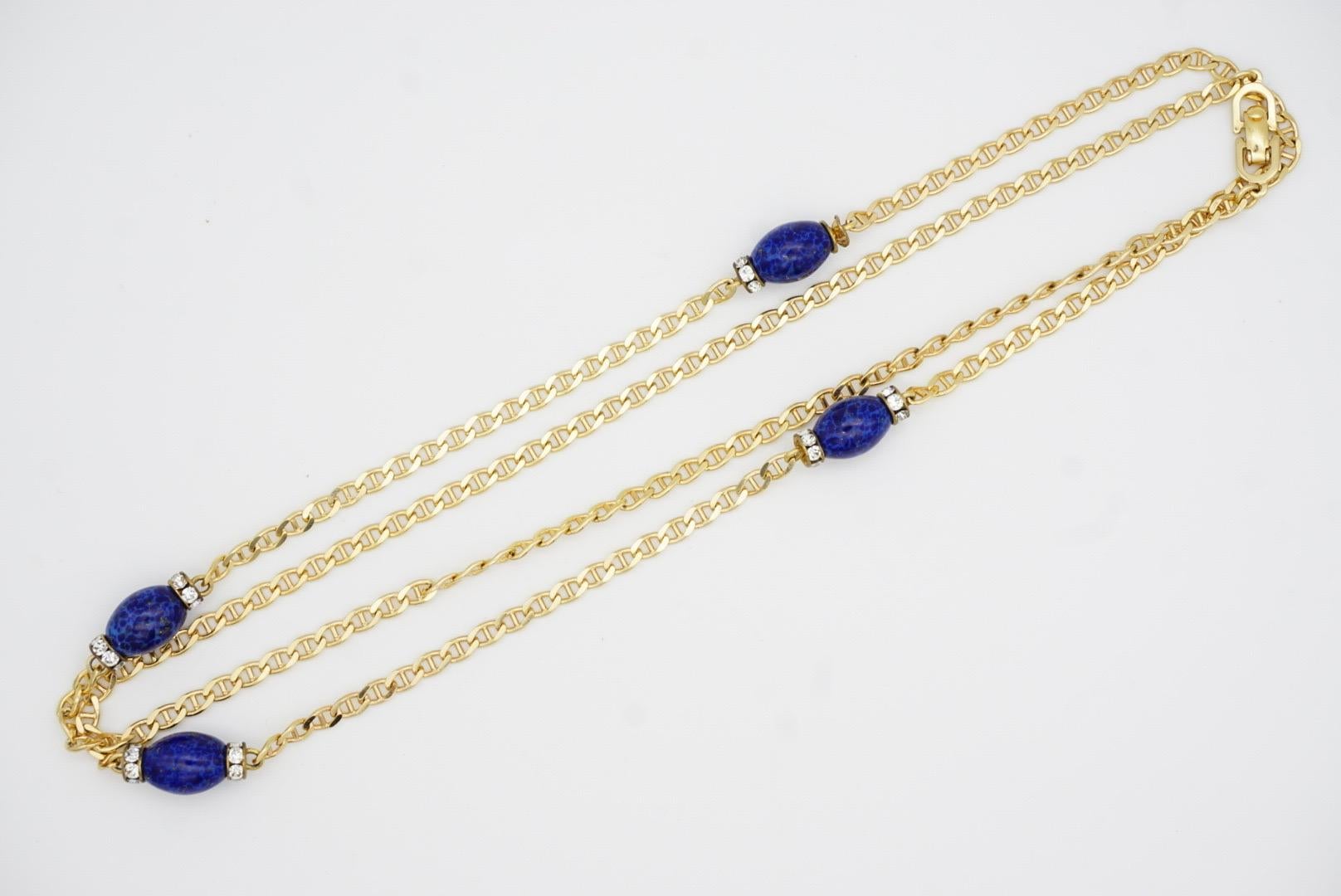 Christian Dior Vintage Lapis Navy Oval Cabochon Crystals Chain Long Necklace in vendita 7