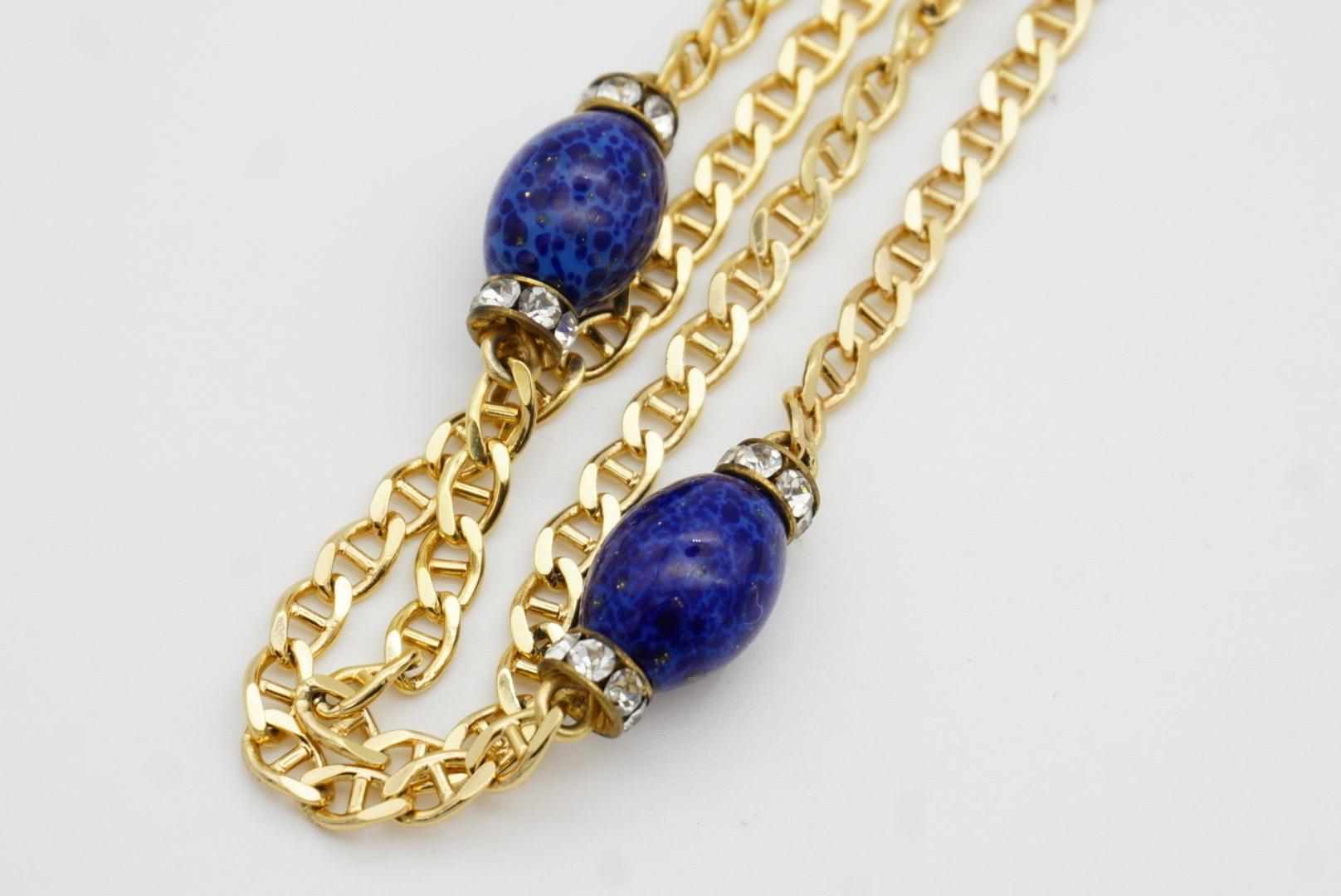 Christian Dior Vintage Lapis Navy Oval Cabochon Crystals Chain Long Necklace in vendita 8