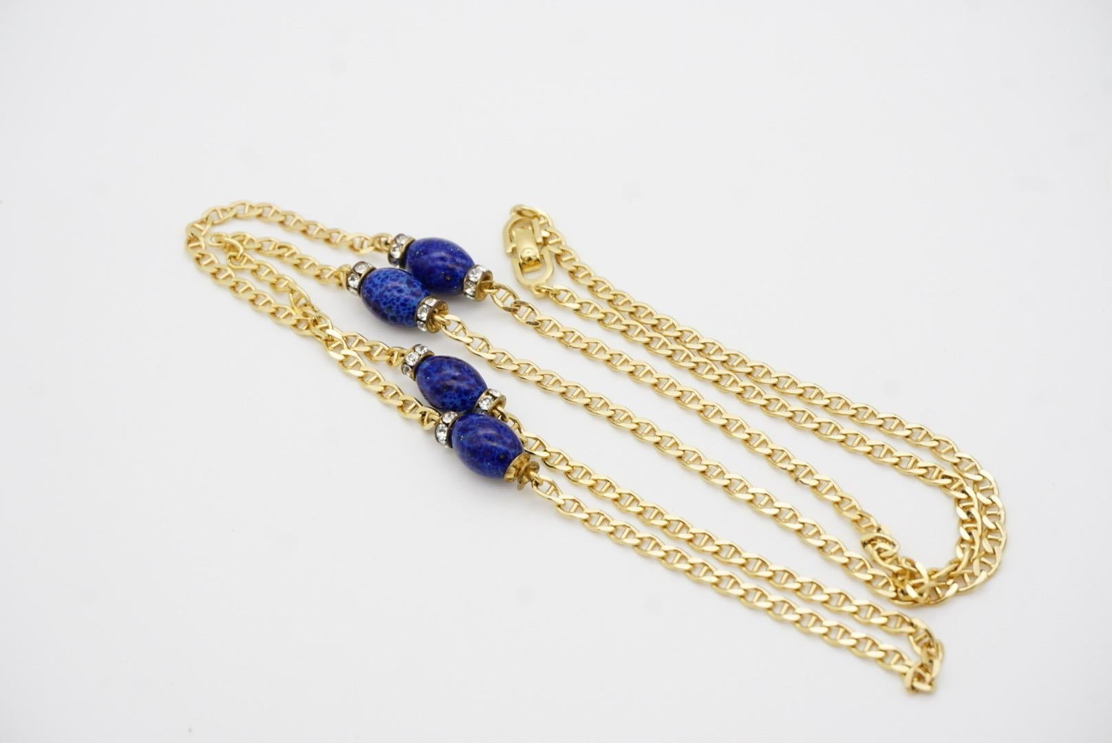 Christian Dior Vintage Lapis Navy Oval Cabochon Crystals Chain Long Necklace in vendita 10
