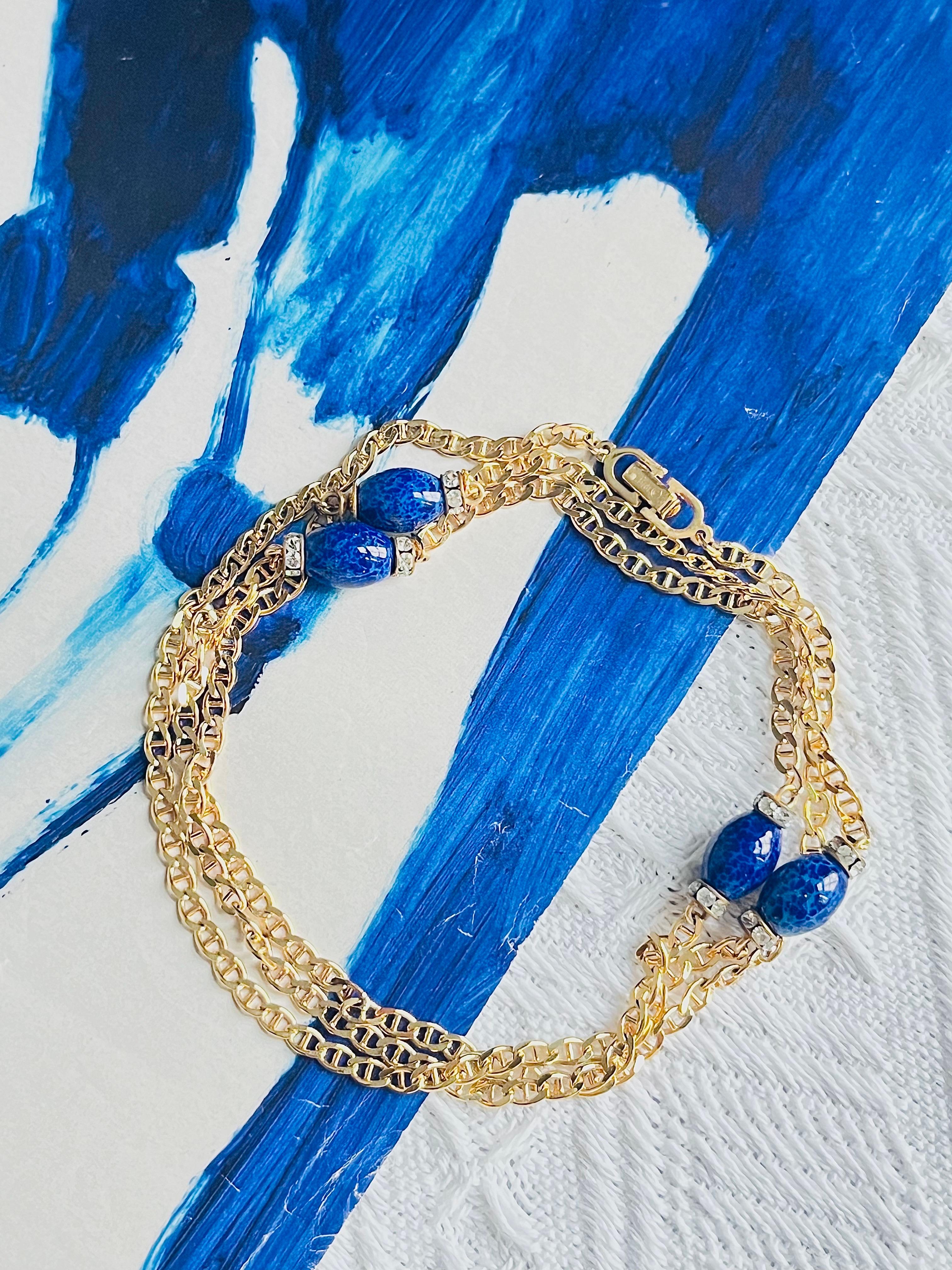 Art Déco Christian Dior Vintage Lapis Navy Oval Cabochon Crystals Chain Long Necklace in vendita