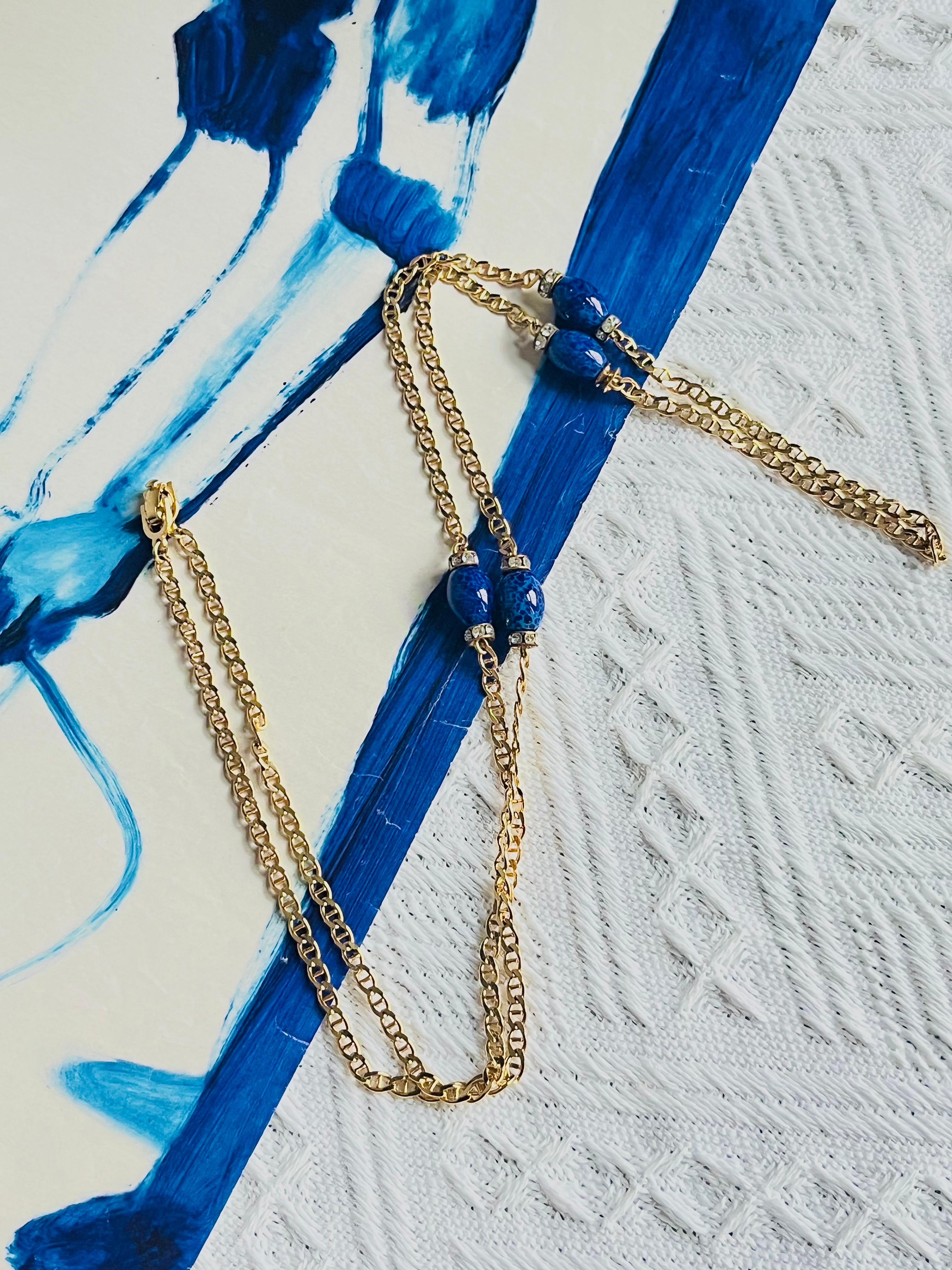Christian Dior Vintage Lapis Navy Oval Cabochon Crystals Chain Long Necklace In condizioni buone in vendita a Wokingham, England