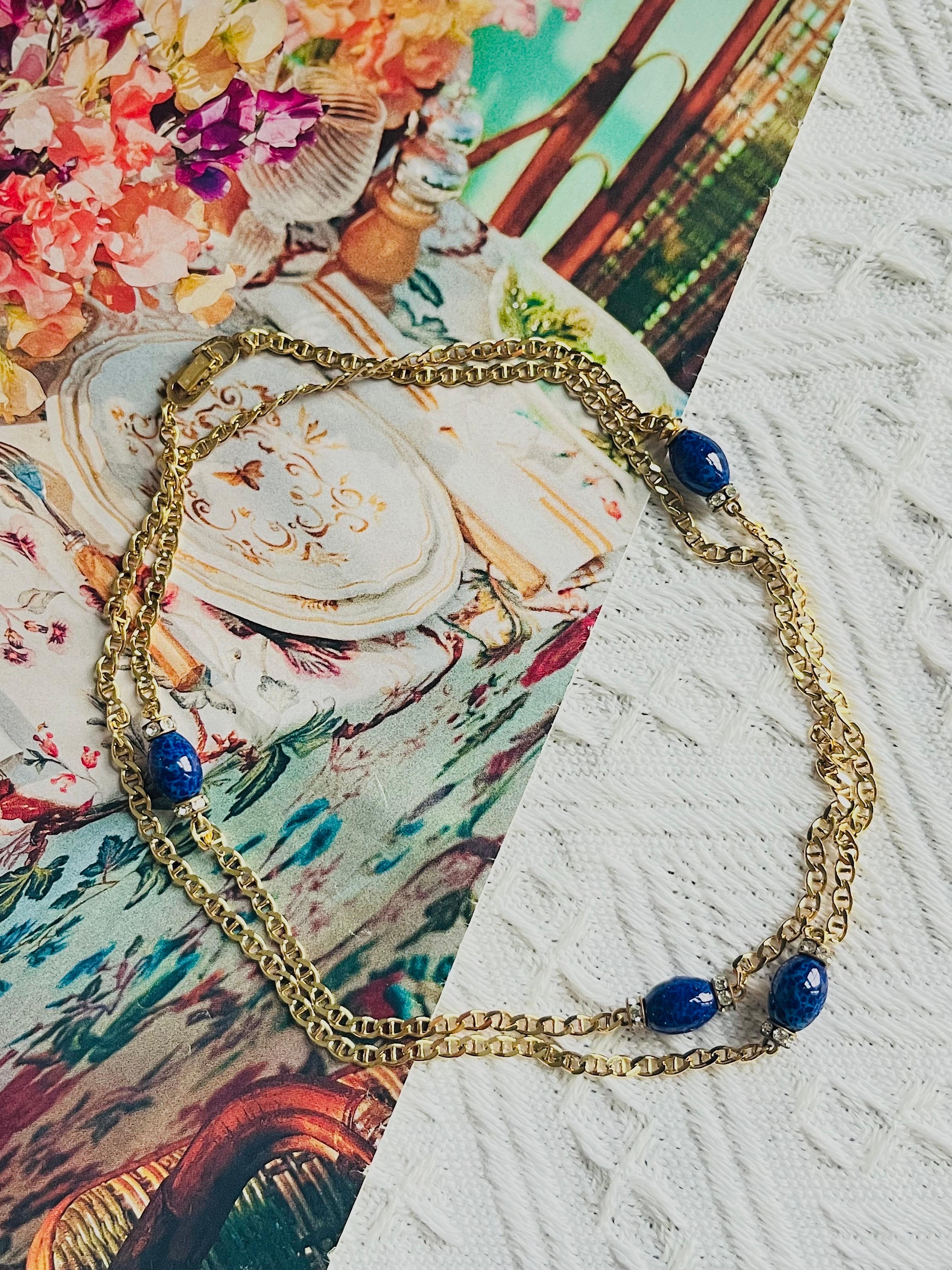 da uomo o donna Christian Dior Vintage Lapis Navy Oval Cabochon Crystals Chain Long Necklace in vendita