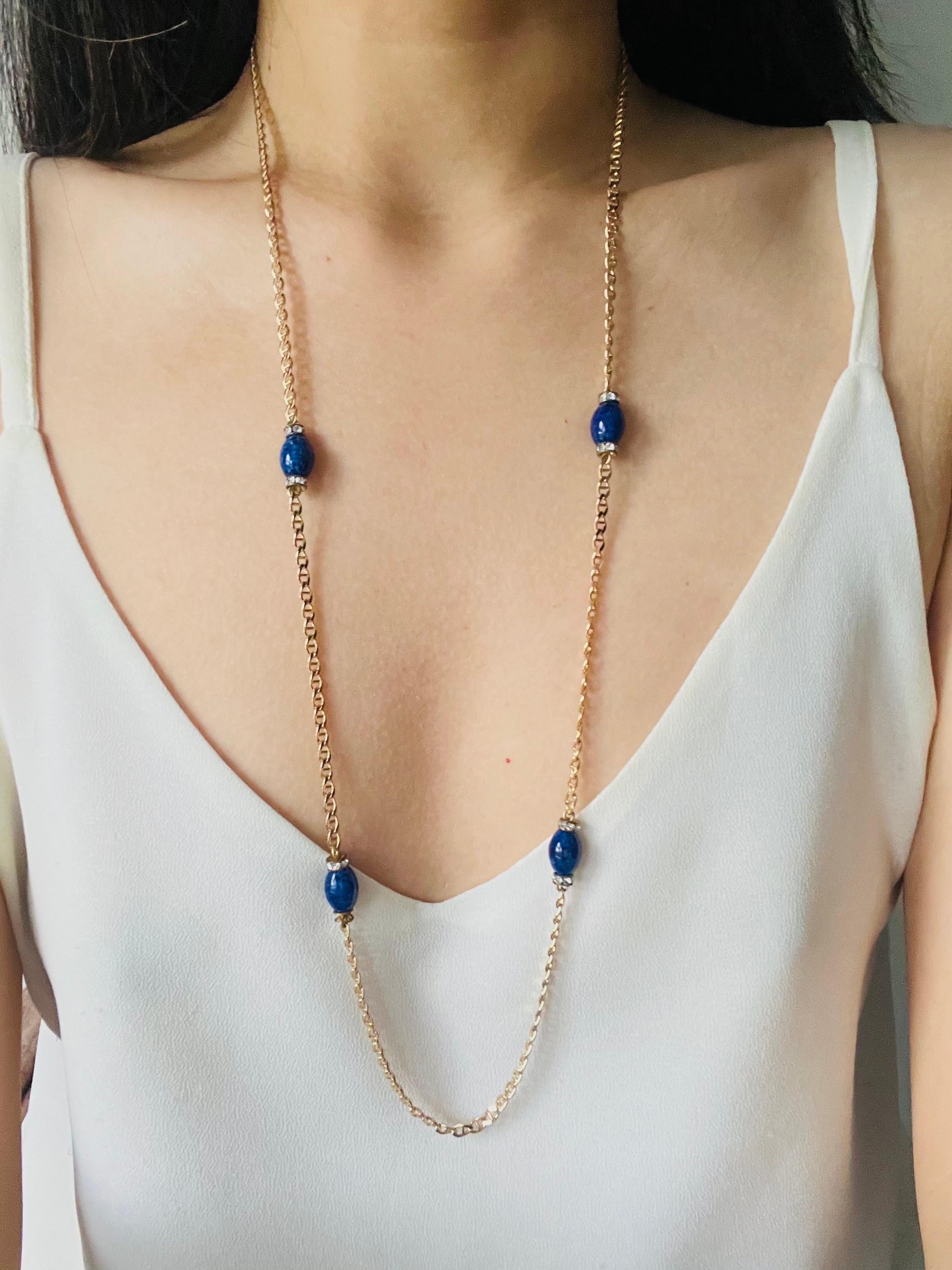 Christian Dior Vintage Lapis Navy Oval Cabochon Crystals Chain Long Necklace in vendita 1