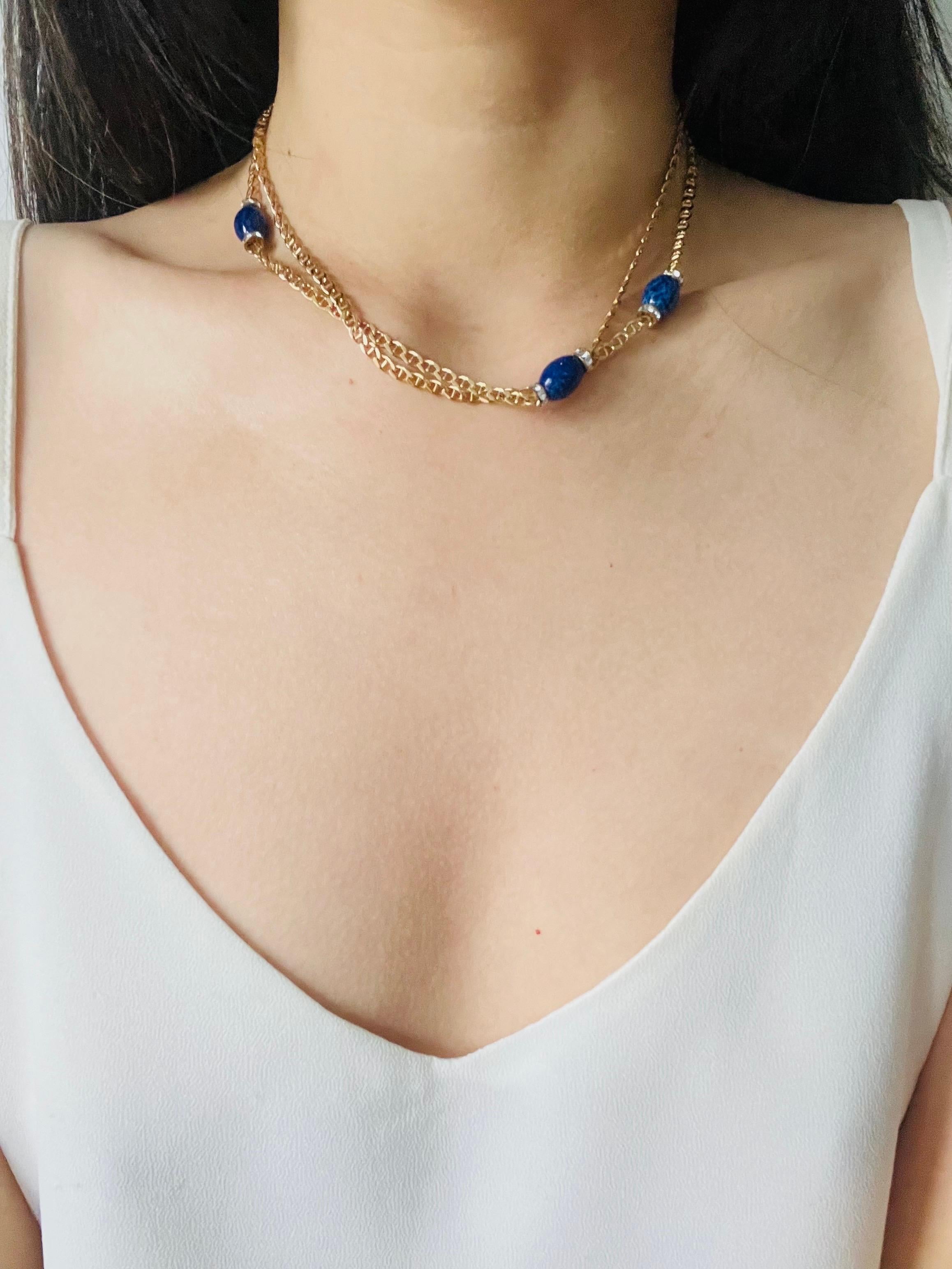Christian Dior Vintage Lapis Navy Oval Cabochon Crystals Chain Long Necklace in vendita 2