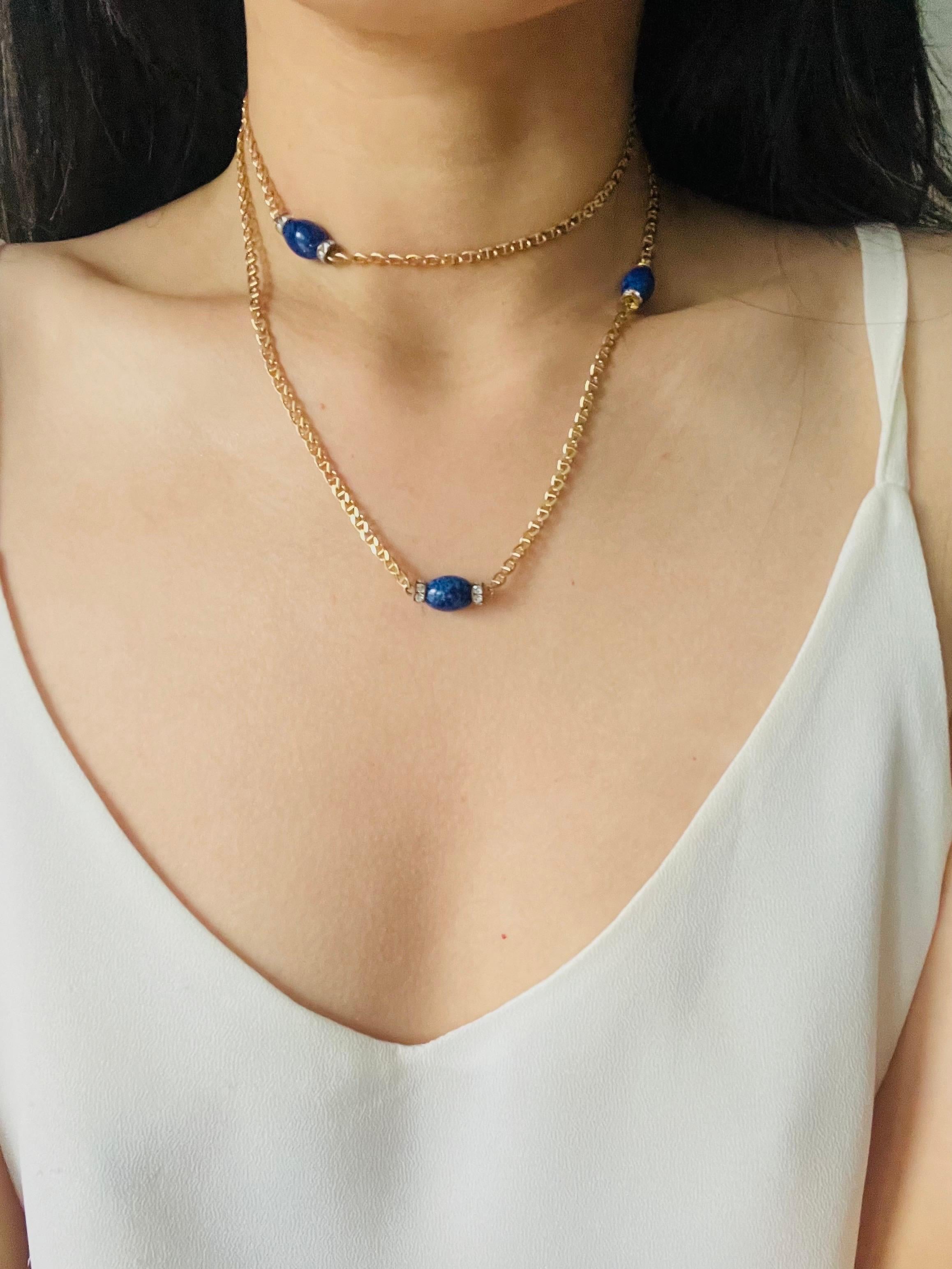 Christian Dior Vintage Lapis Navy Oval Cabochon Crystals Chain Long Necklace in vendita 3