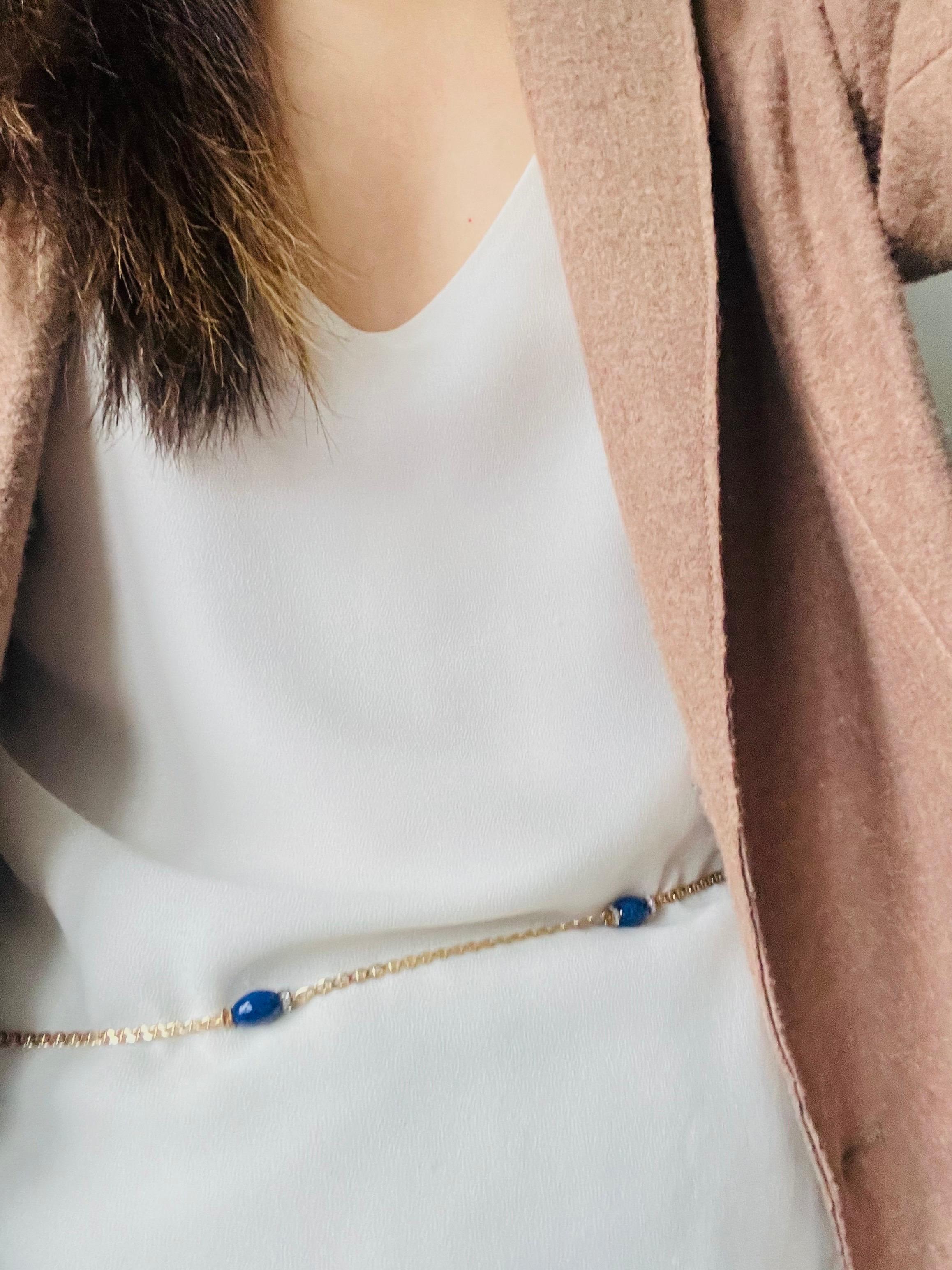 Christian Dior Vintage Lapis Navy Oval Cabochon Crystals Chain Long Necklace in vendita 4