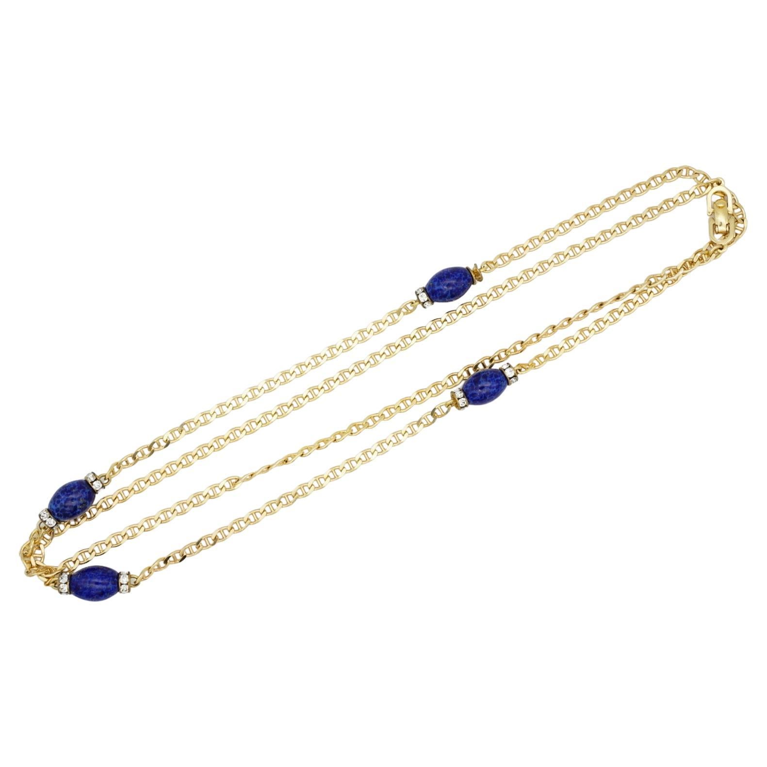 Christian Dior Vintage Lapis Navy Oval Crystals Cabochon Chain Long Necklace For Sale
