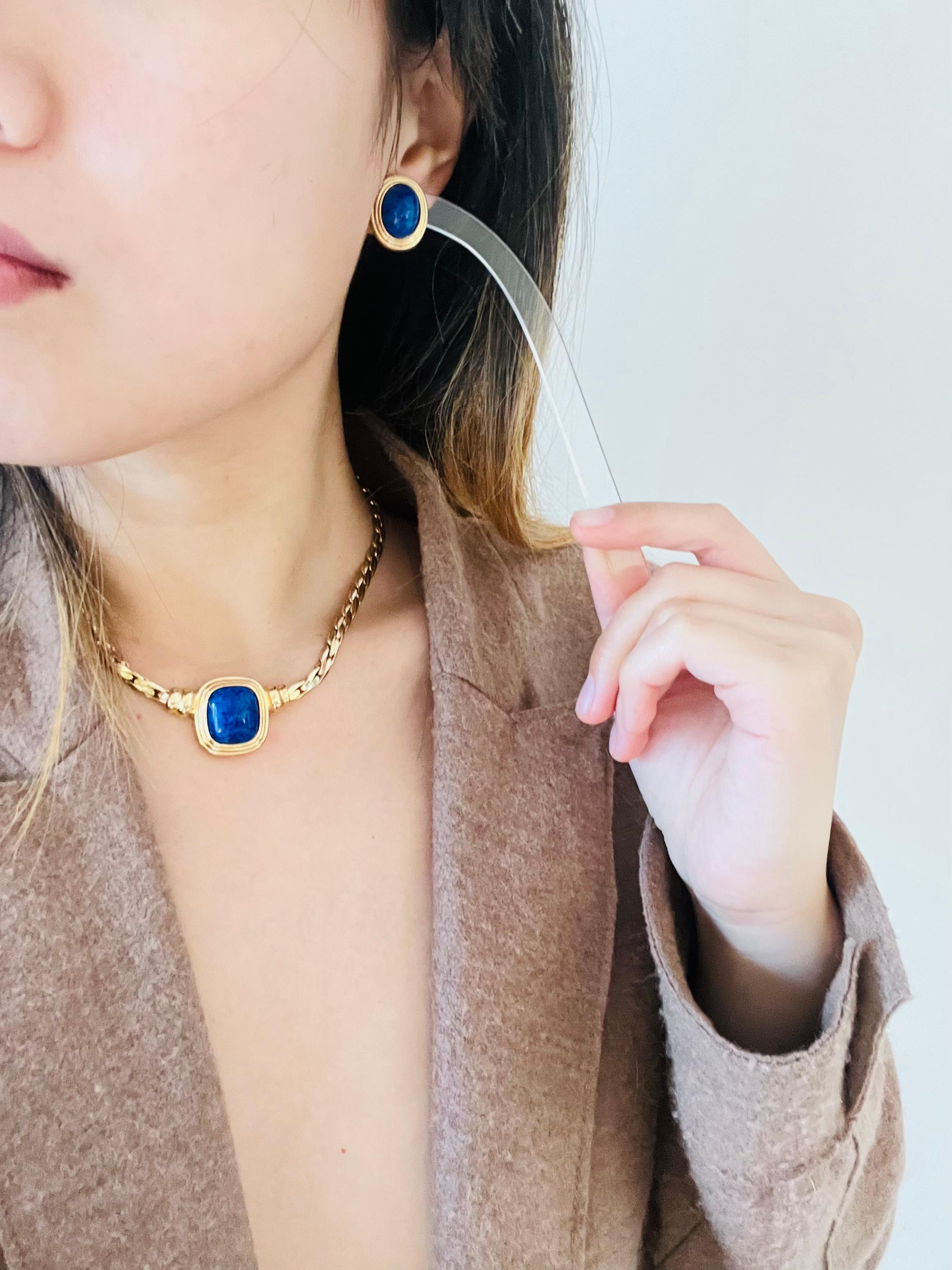 Christian Dior Vintage Lapislázuli Azul Marino Rectángulo Cabujón Ovalado Conjunto Collar Pendientes en venta 5