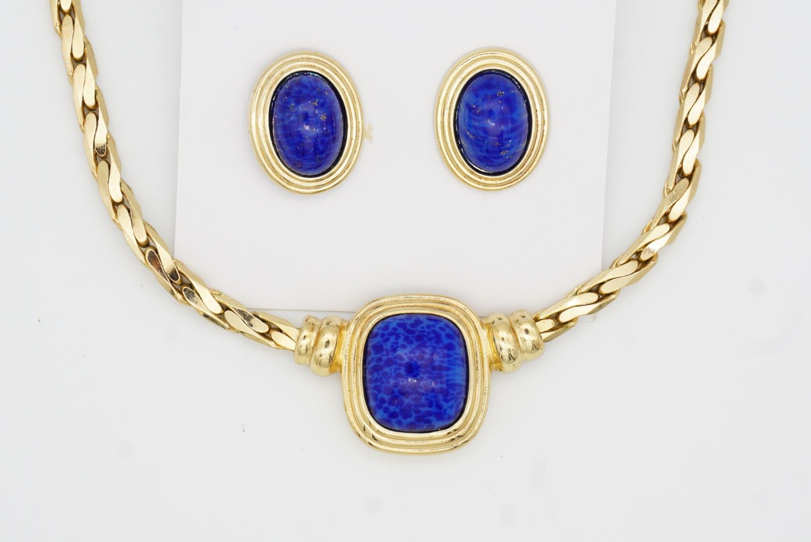 Christian Dior Vintage Lapislázuli Azul Marino Rectángulo Cabujón Ovalado Conjunto Collar Pendientes en venta 6