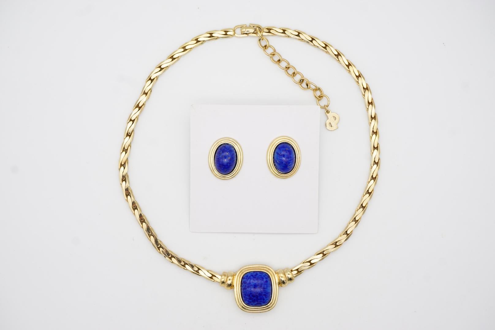 Christian Dior Vintage Lapislázuli Azul Marino Rectángulo Cabujón Ovalado Conjunto Collar Pendientes en venta 7