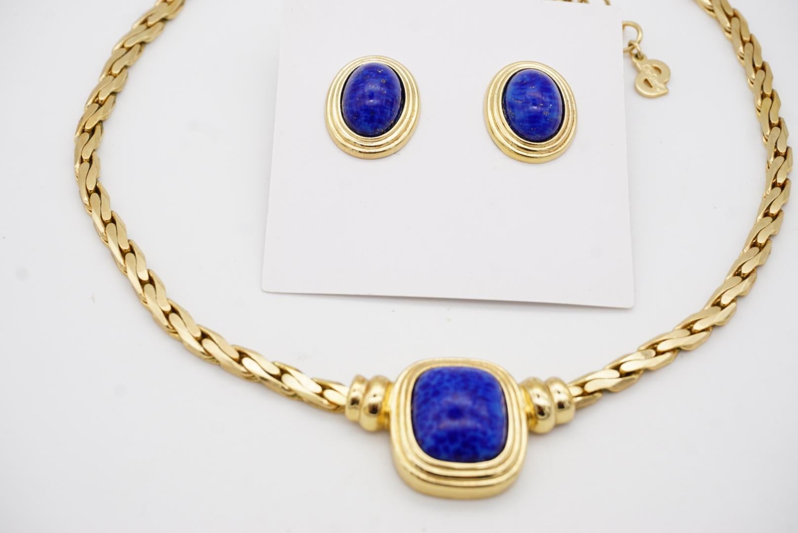 Christian Dior Vintage Lapis Navy Rectangle Oval Cabochon Set Necklace Earrings 8