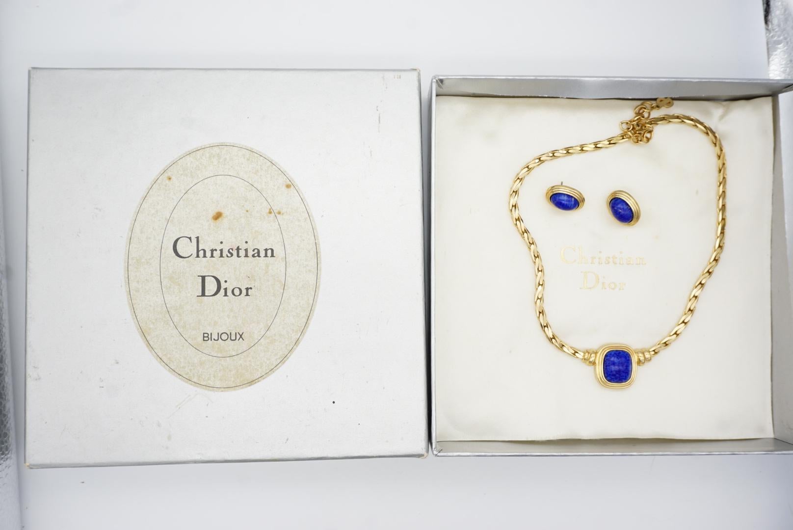Christian Dior Vintage Lapislázuli Azul Marino Rectángulo Cabujón Ovalado Conjunto Collar Pendientes en venta 8