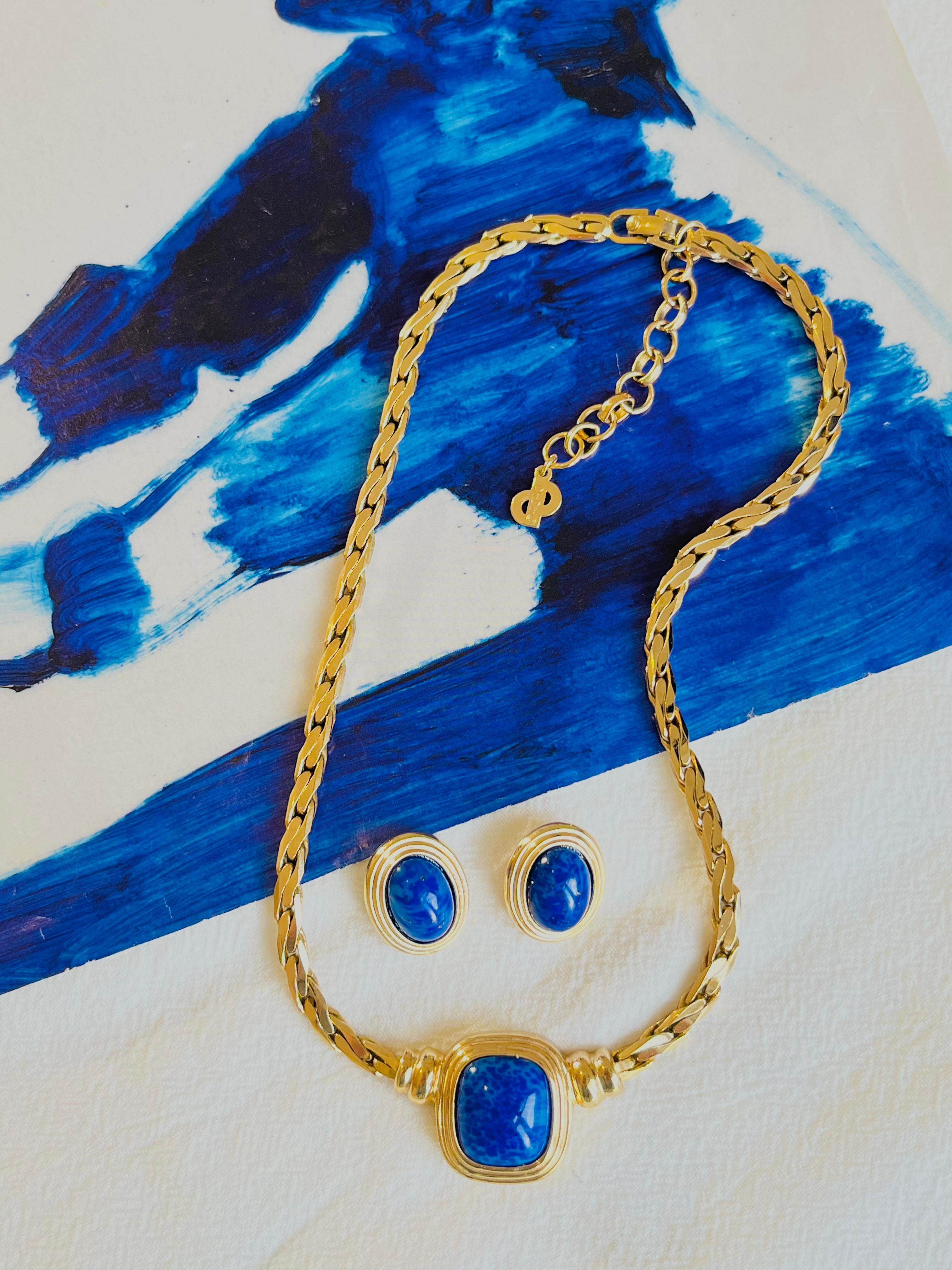 Femenino o masculino Christian Dior Vintage Lapislázuli Azul Marino Rectángulo Cabujón Ovalado Conjunto Collar Pendientes en venta