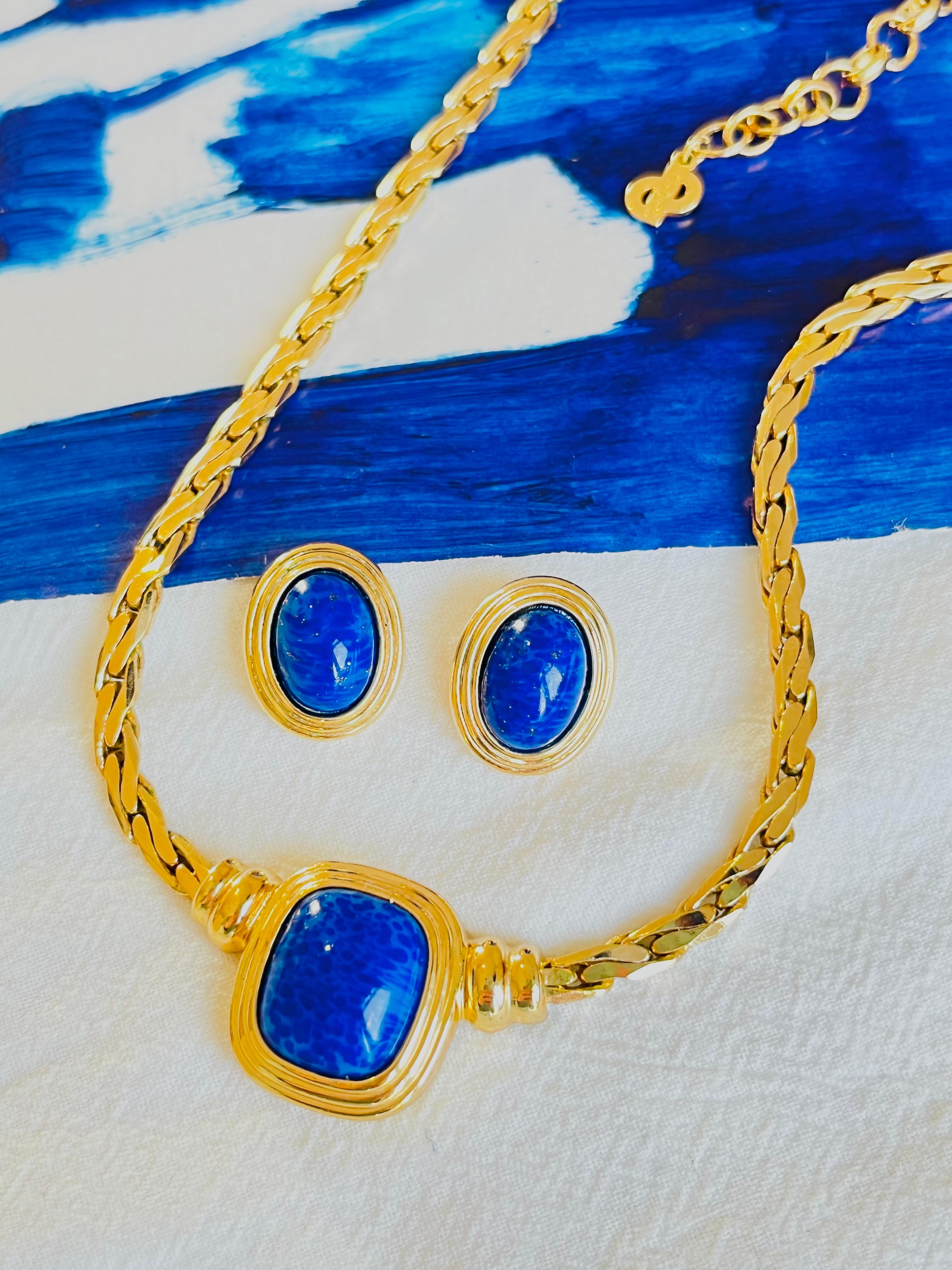 Christian Dior Vintage Lapislázuli Azul Marino Rectángulo Cabujón Ovalado Conjunto Collar Pendientes en venta 1