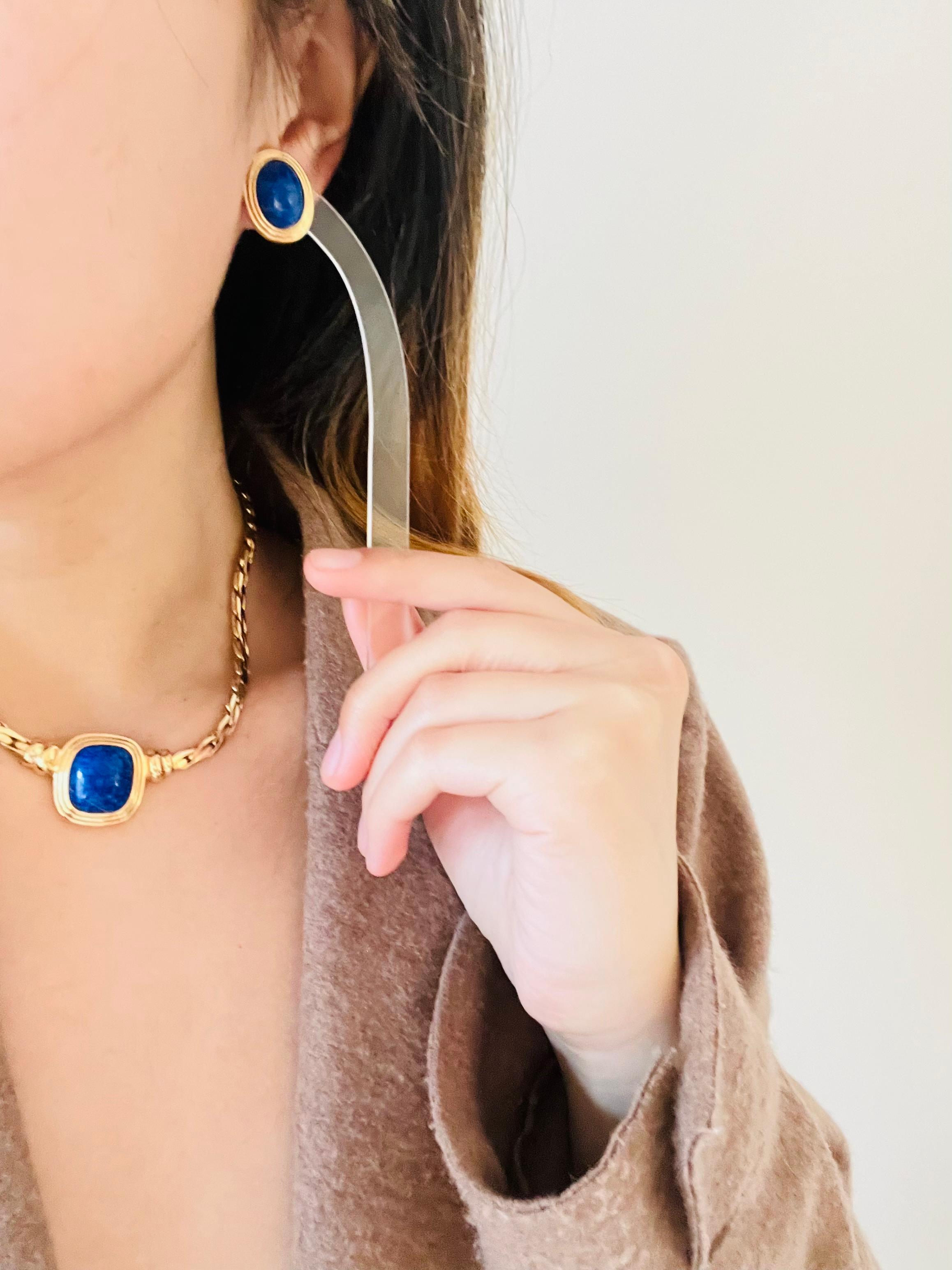 Christian Dior Vintage Lapislázuli Azul Marino Rectángulo Cabujón Ovalado Conjunto Collar Pendientes en venta 2