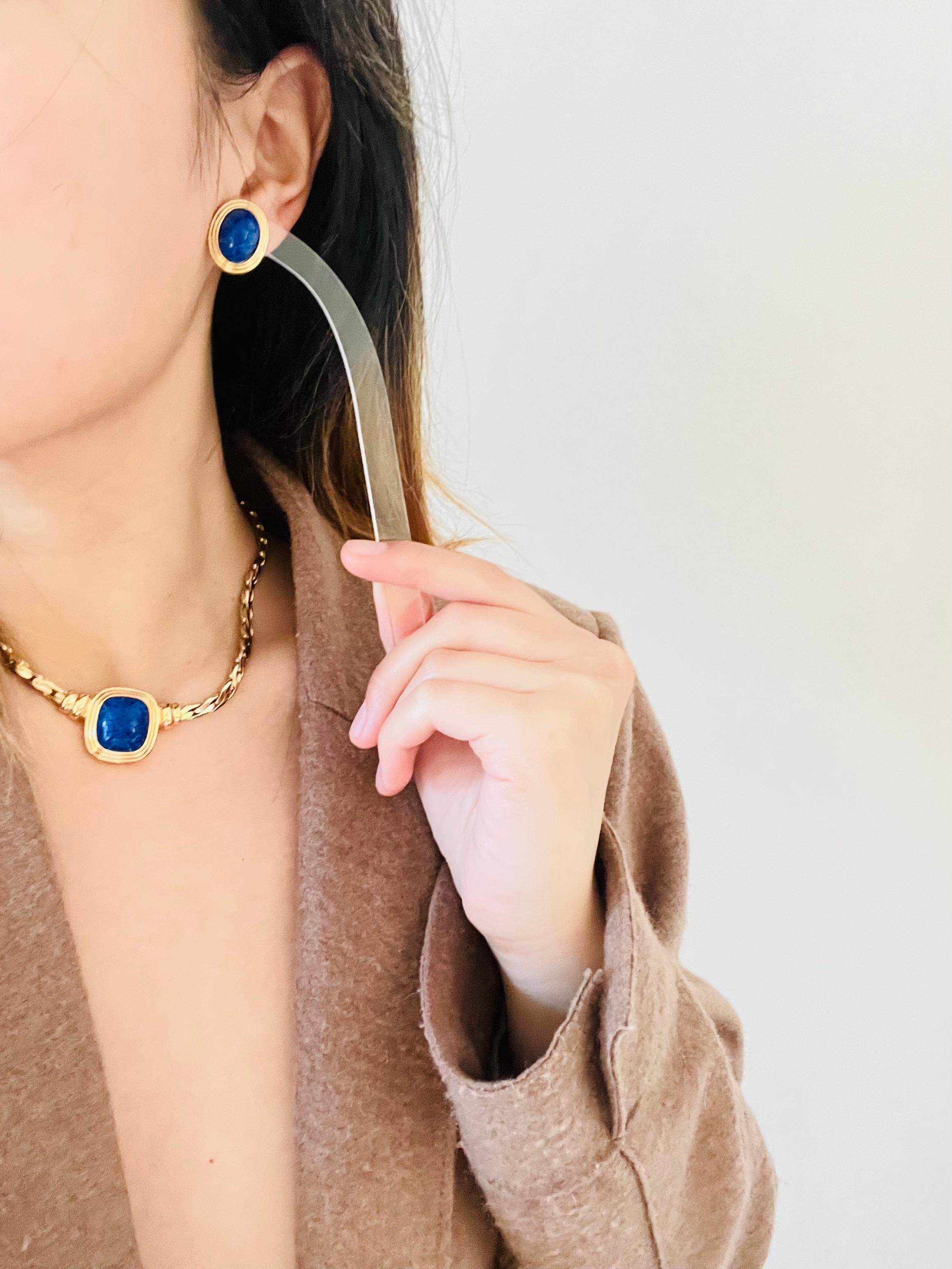 Christian Dior Vintage Lapislázuli Azul Marino Rectángulo Cabujón Ovalado Conjunto Collar Pendientes en venta 4