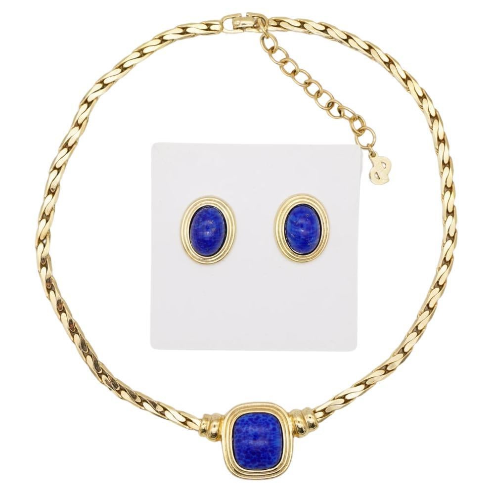 Christian Dior Vintage Lapis Navy Rectangle Oval Cabochon Set Necklace Earrings For Sale