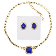 Christian Dior Retro Lapis Navy Rectangle Oval Cabochon Set Necklace Earrings