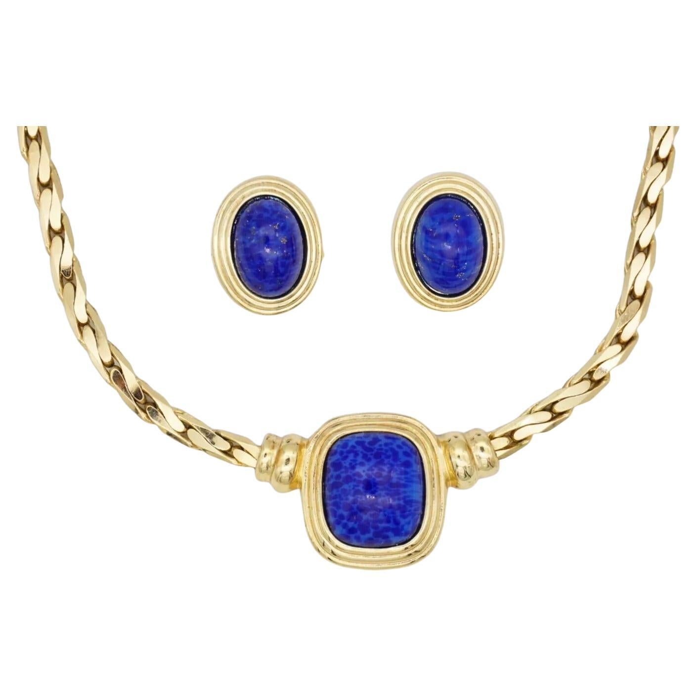 Christian Dior Vintage Lapislázuli Azul Marino Rectángulo Cabujón Ovalado Conjunto Collar Pendientes