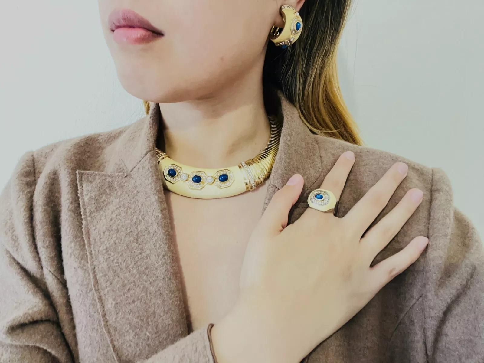 Christian Dior Vintage Lapis Oval Cabochon Yellow Octagon Crystals Ring, US 7 en venta 3