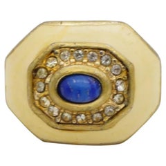 Christian Dior Vintage Lapis Oval Cabochon Yellow Octagon Crystals Ring, US 7