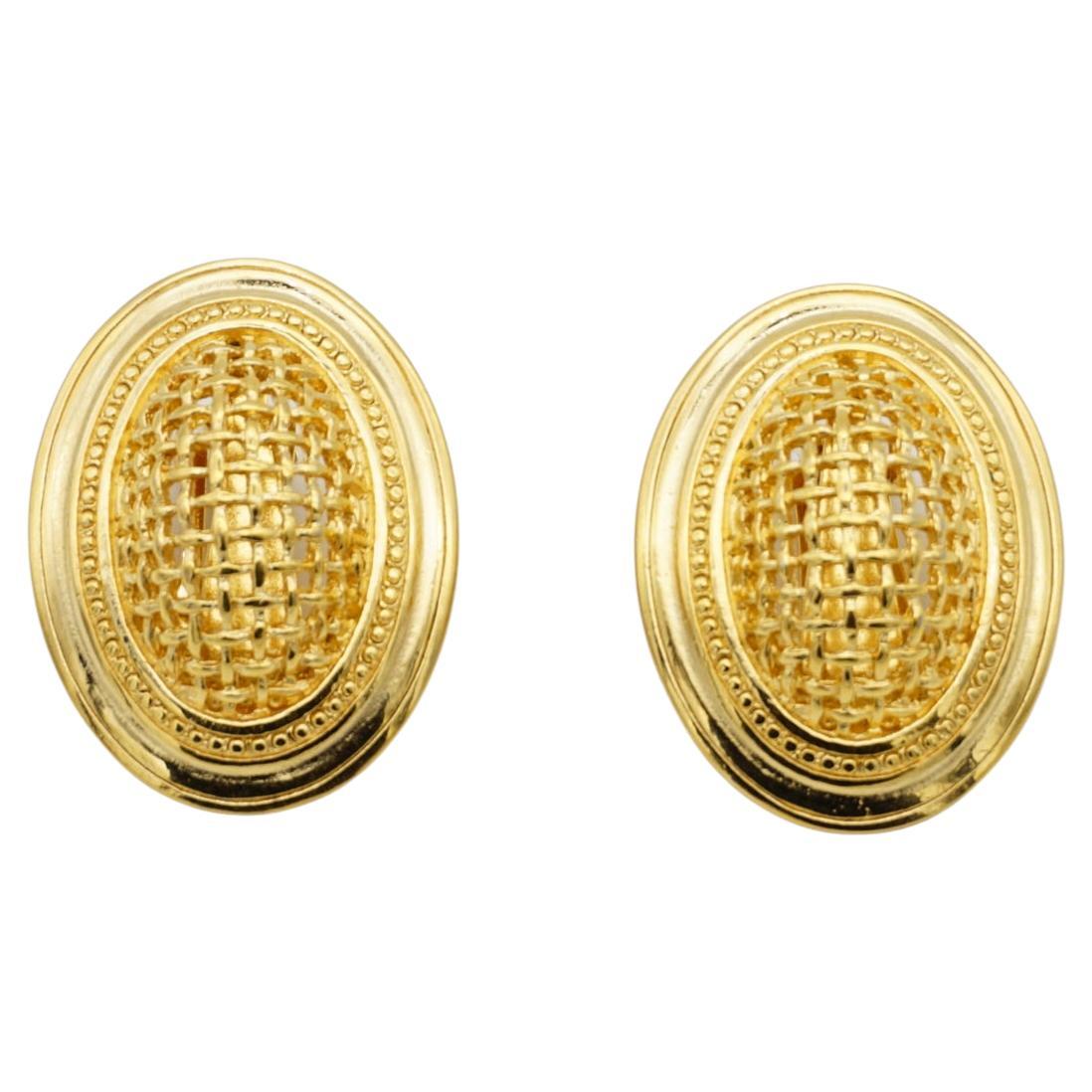 Christian Dior Vintage Large 3D Arch Oval Openwork Mesh Statement Gold Earrings For Sale