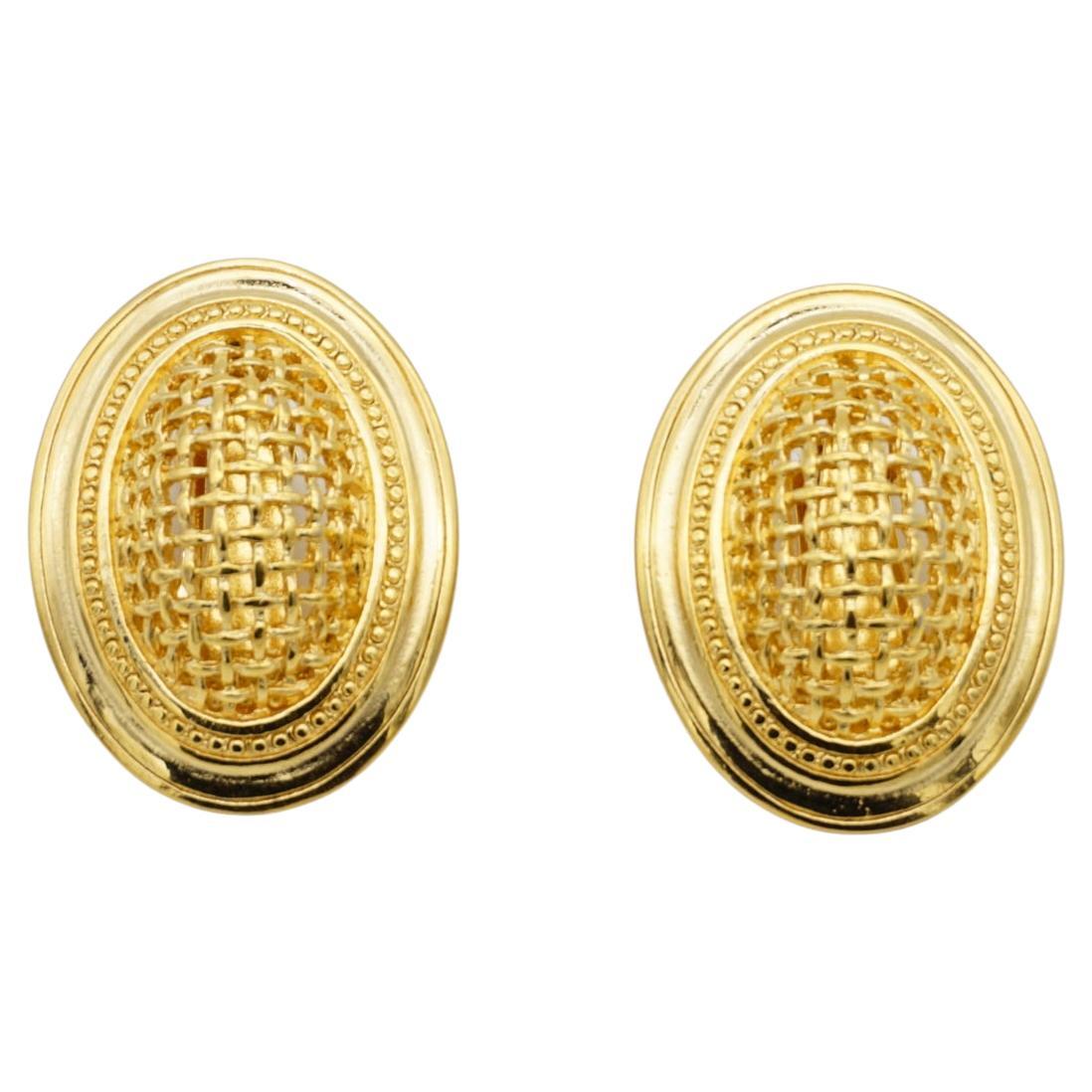 Christian Dior Vintage Large 3D Arch Oval Openwork Mesh Statement Gold Earrings