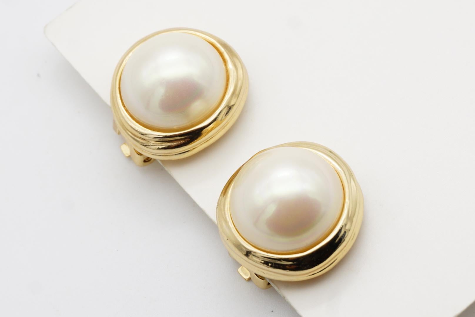 Christian Dior Vintage Large Abnormal Circle Round White Pearl Clip Earrings For Sale 5