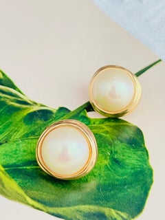 Christian Dior Vintage Large Abnormal Circle Round White Pearl Clip Earrings
