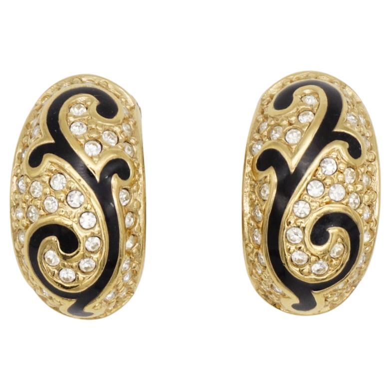 Christian Dior Vintage Large Baroque Black Vine Crystal Demi Dome Clip Earrings For Sale