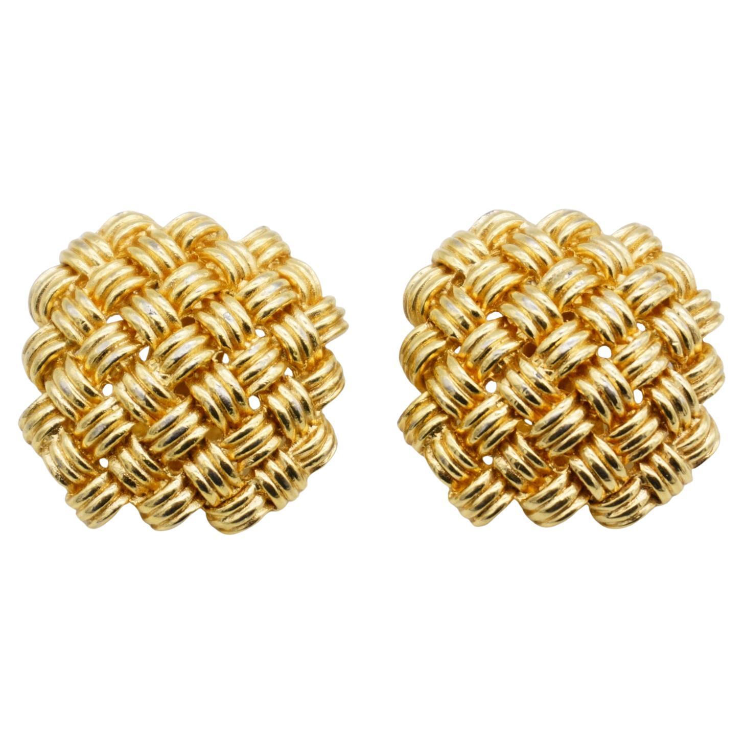 Christian Dior Vintage Large Braided Woven Mesh Openwork Square Chunky Earrings