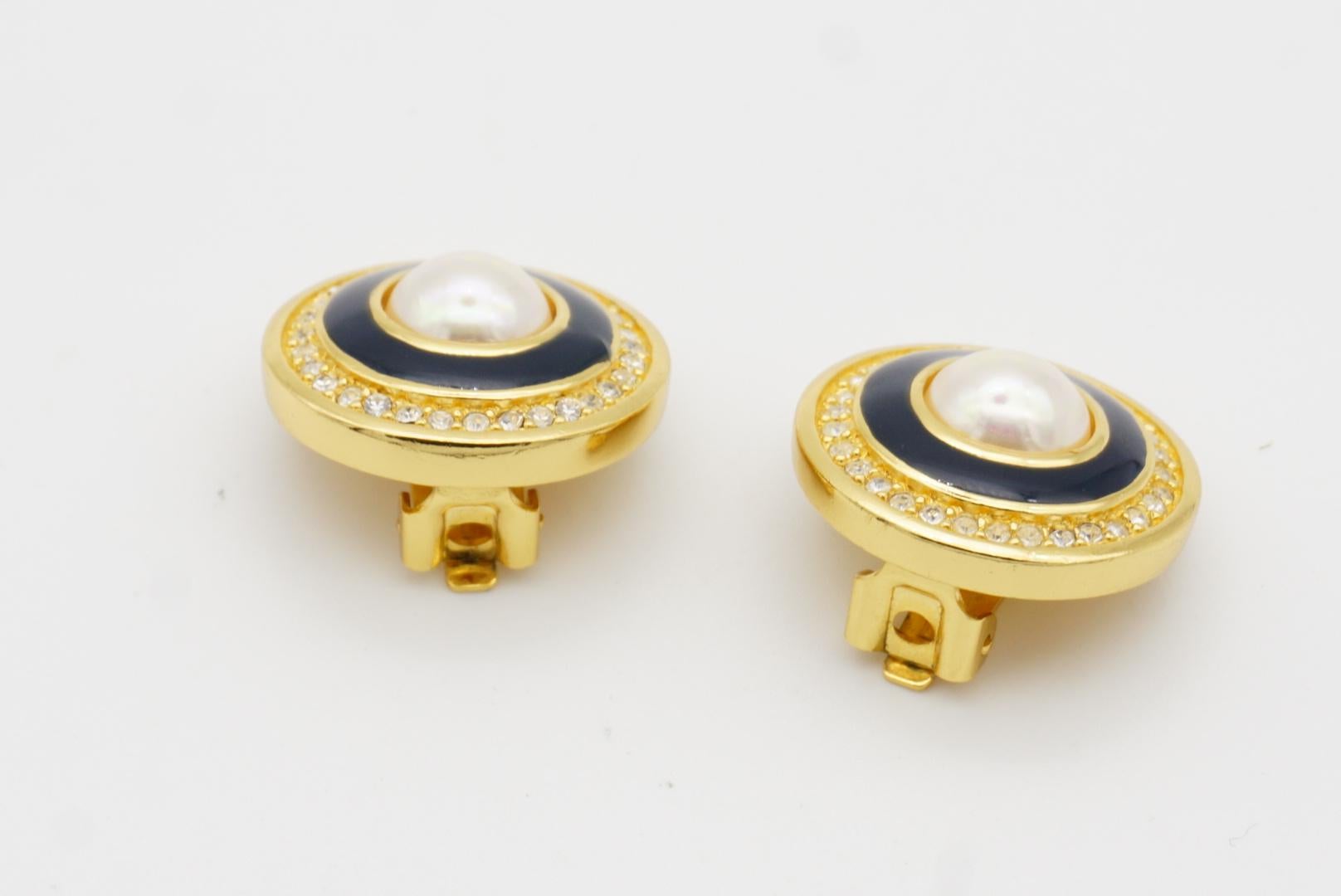 Christian Dior Vintage Large Circle Crystal Navy Blue White Pearl Clip Earrings 5