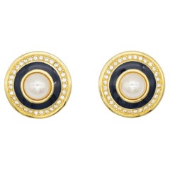 Christian Dior Vintage Large Circle Crystal Navy Blue White Pearl Clip Earrings