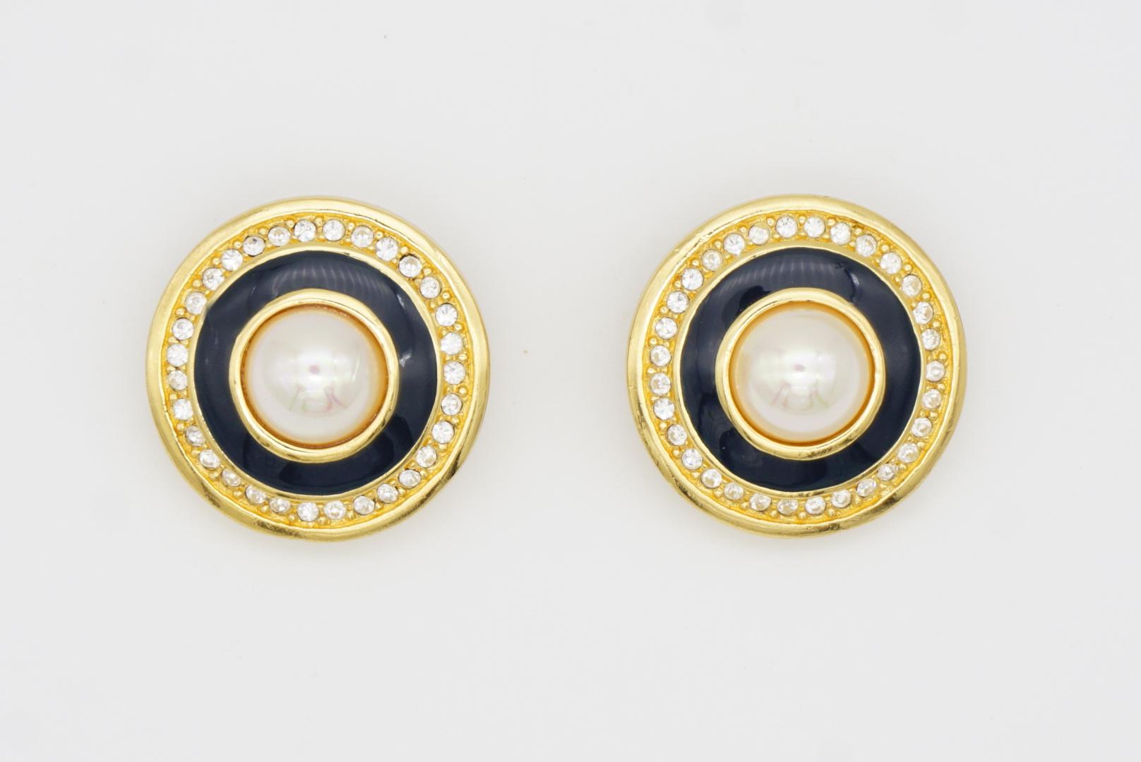 Christian Dior Vintage Large Circle Crystal Navy Blue White Pearl Clip Earrings 2