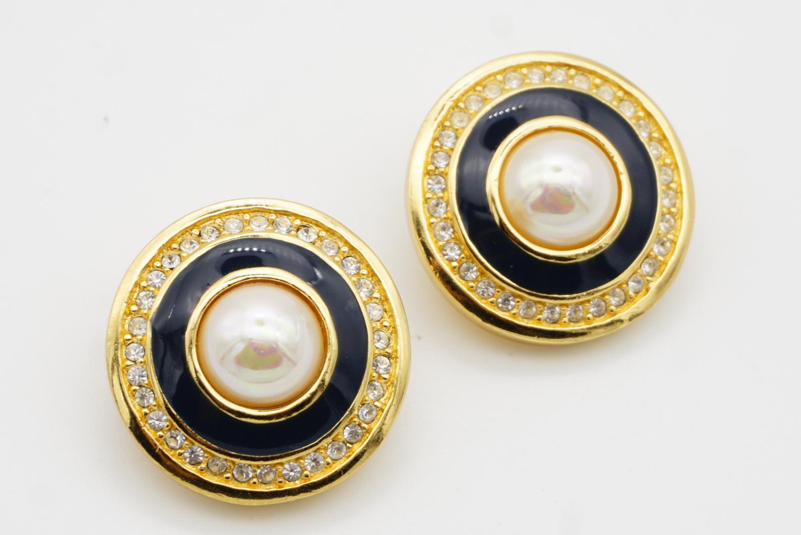 Christian Dior Vintage Large Circle Crystal Navy Blue White Pearl Clip Earrings 3