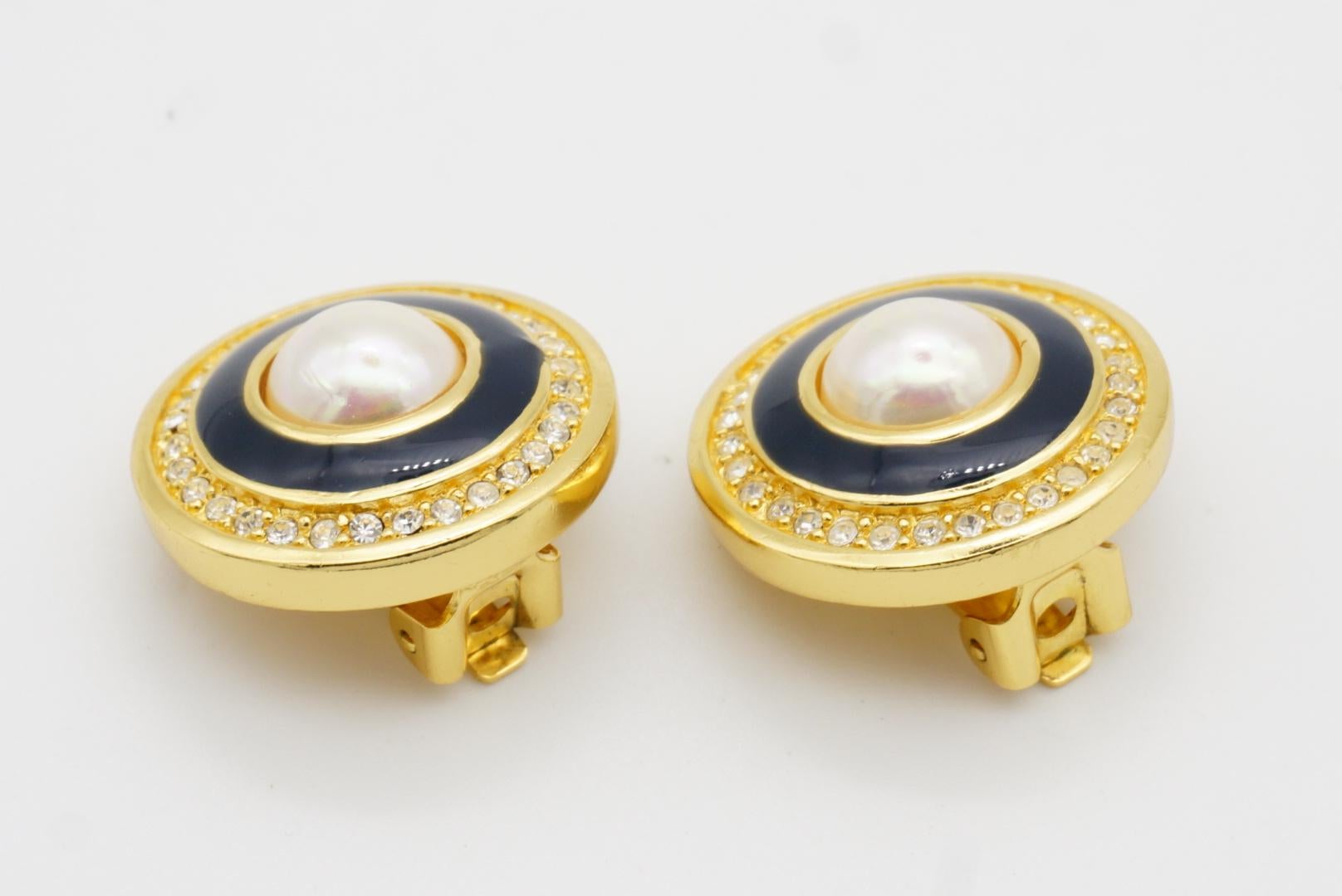 Christian Dior Vintage Large Circle Crystal Navy Blue White Pearl Clip Earrings 4
